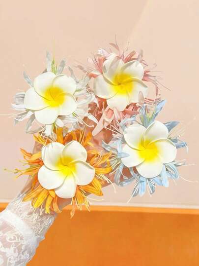 4pcs/Set Tropical Frangipani Flower Hair Clips, White, Yellow, Pink, Orange, Blue - Suitable For Women, Ideal For Beach Vacation, Everyday Wear, Dates, Parties