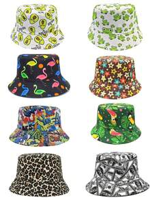 1 pieza Sombrero de cubo reversible unisex con estampados de dibujos animados, adecuado para uso al aire libre, viajes, uso diario, de moda y versátil - impresión - Ver 1