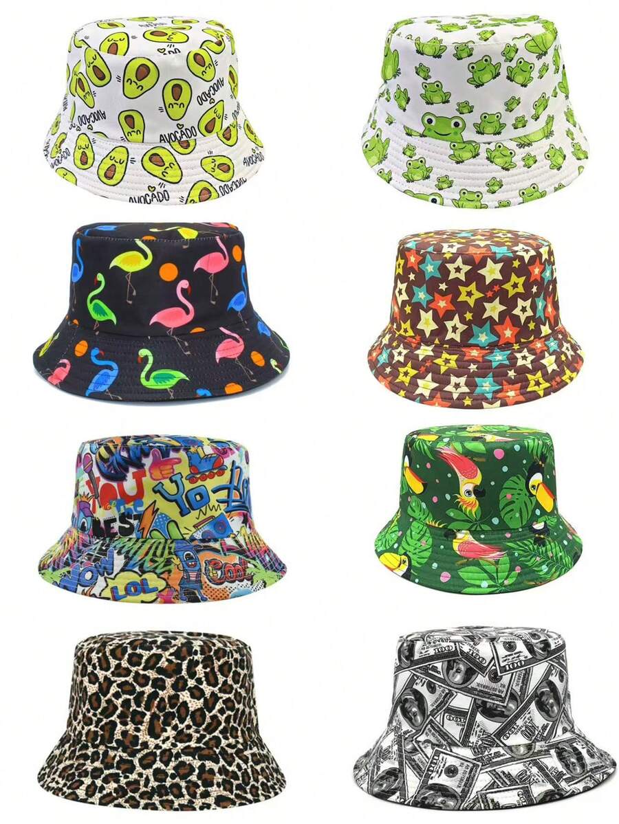 1 pieza Sombrero de cubo reversible unisex con estampados de dibujos animados, adecuado para uso al aire libre, viajes, uso diario, de moda y versátil - impresión - Ver 1