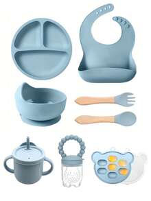 8pcs Baby Silicone Tableware Set, Feeding Utensils, Bib, Plate, Bowl, Straw Cup, Fork & Spoon, Teether, Ice Tray - Multicolor - View 16