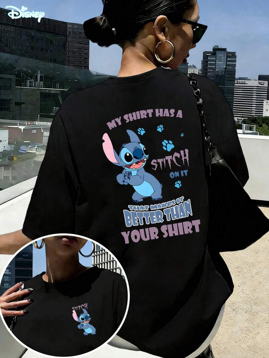 Disney Sassy Stitch T-Shirt: White Oversized Cotton Tee With Fun Text Graphic, Perfect For Lilo & Stitch Fans, Casual Wear And Gift - 黑色 - 查看 1