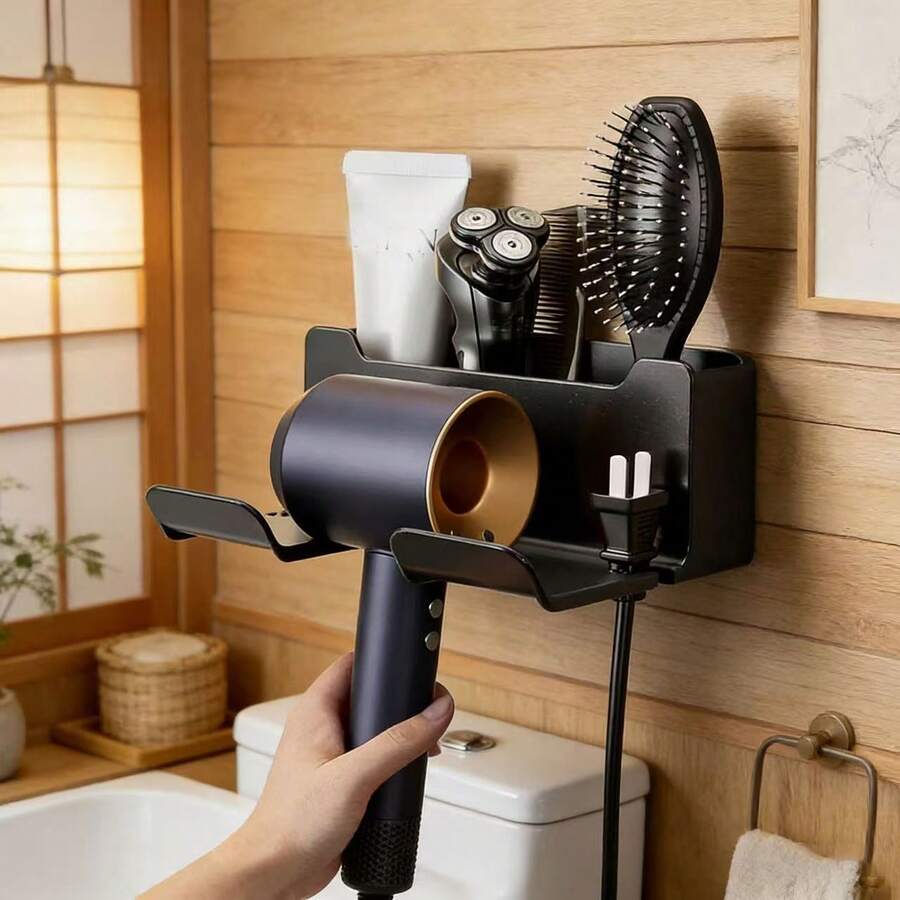 Wall-Mounted Hair Dryer Holder & Storage Rack, Hands-Free Hair Dryer Organizer For Bathroom