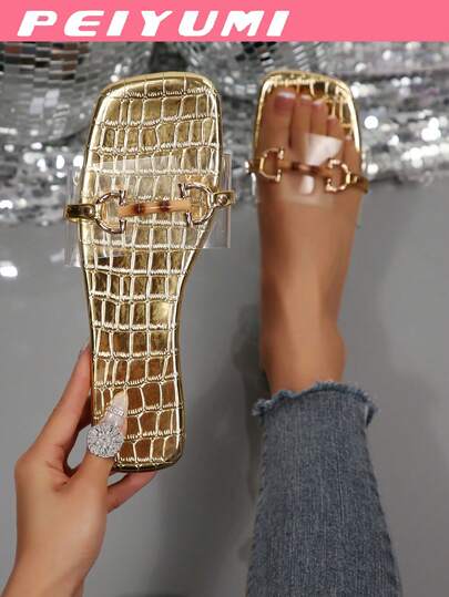 PEIYUMI Women's Fashion Flat Sandals, Square Toe With Transparent Bamboo Knot Metal Buckle Decor, Minimalist Elegant, High-Quality Embossed PU Soft Leather, Comfortable And Stylish, Suitable For Parties, Beaches, Boho Style