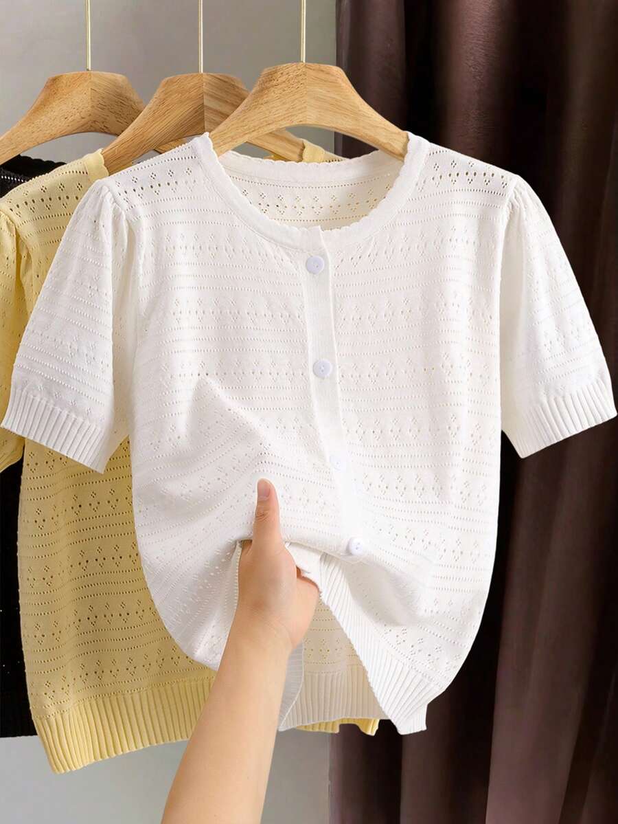 GIGOGOU Dam Andningsbar Stickad Kofta T-shirt, Modern Kortärmad T-shirt, Vår/Sommar Vit