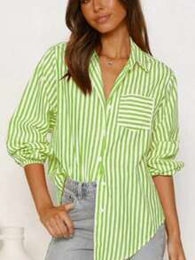 Camicia elegante e casual da donna, a righe verdi, manica lunga, adatta per la primavera/estate e le vacanze - Verde - Visualizzare 5