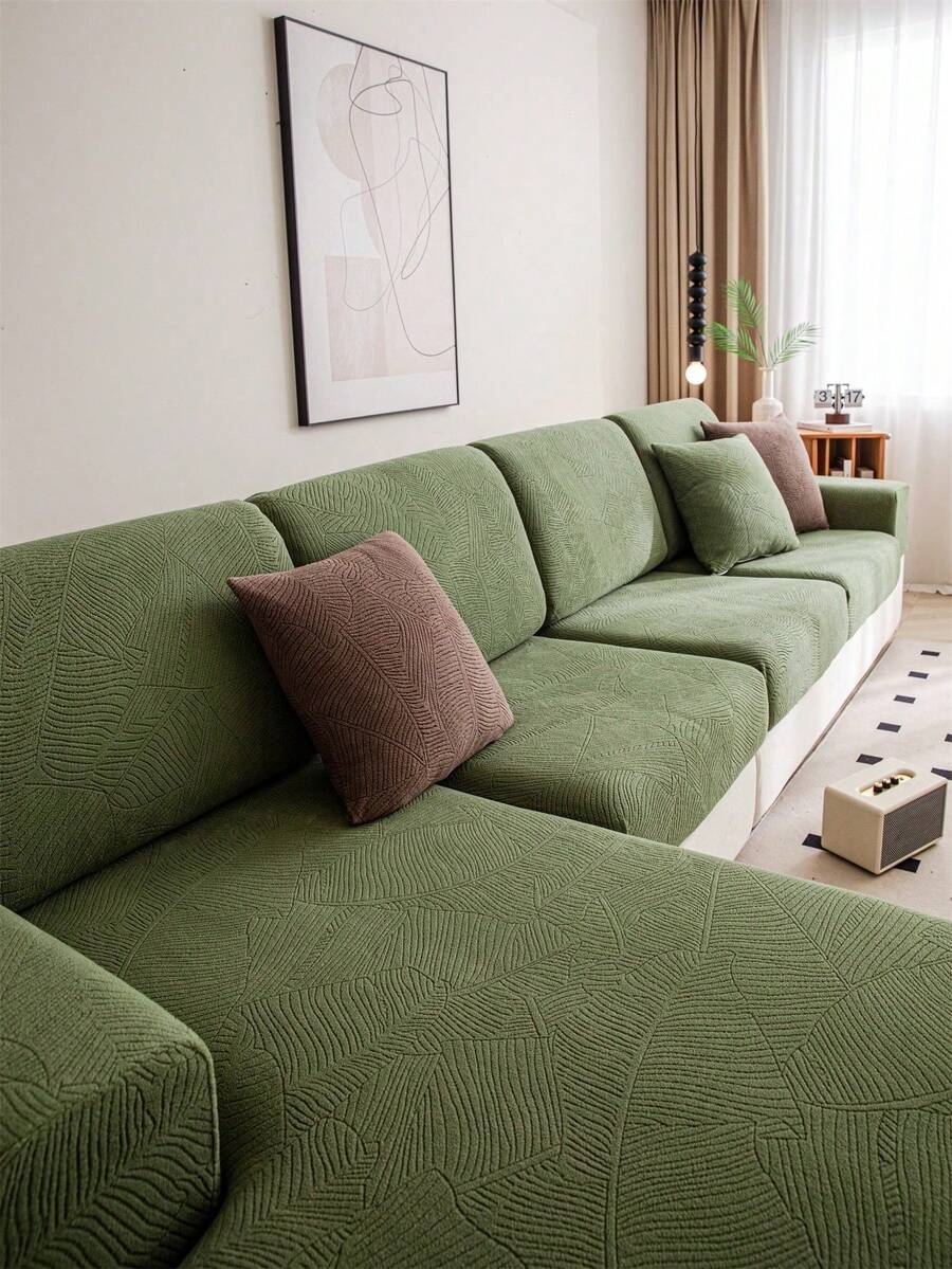1pc Banana Binding Texture Velvet All-Season Jacquard Elastic Sofa Cover, Universal Slip-Resistant Anti-Cat Scratch Sofa Slipcover, Fits 1/2/3/4 Seater Sofa - Green - View 1