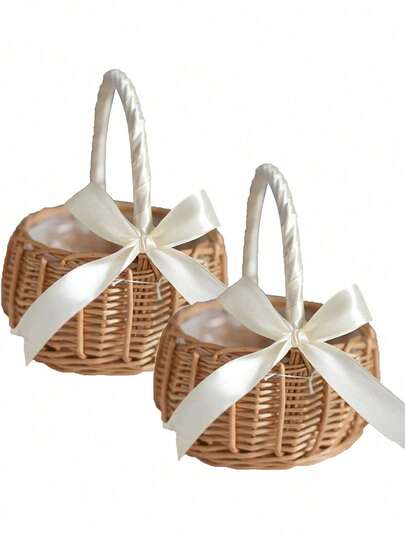 1pc Wedding Flower Basket, Wicker Rattan Flower Basket, Willow Handwoven Basket With Handles And Satin Bow Ribbon, Artificial Petal Storage Basket, Wedding Bridal Shower & Outdoor Party Picnic Decortions