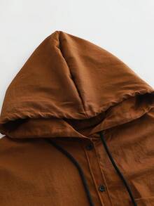 Women's Casual Solid Color Hooded Drawstring Pocket Front Button Shirt, Daily Wear - Brown - View 3