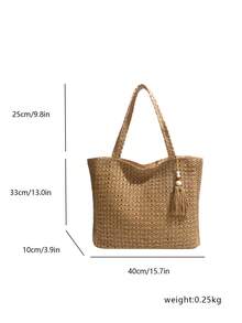 夏季草编沙滩包，大容量手提包，购物篮，手提包，度假风，简约百搭，多口袋女包，适合搭配连衣裙，购物，旅行，收纳，藤编包 - 卡其色 - 查看 9