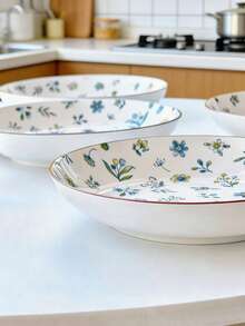 2 Peças Conjunto de Pratos de Jantar Cerâmicos Florais de 8 Polegadas, Travessas de Servir Redondas de Cerâmica para Uso Doméstico, Conjunto de Louça com Padrão de Flores Minimalista de Alta Qualidade, Pratos de Salada e Bife, Pratos de Sobremesa, Cozinha e Jantar, Forno e Micro-ondas - Multicolorido - Visão 6