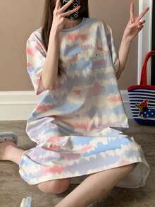 Spring/Summer Casual Striped Women Short Sleeve Nightgown, Round Neck Pullover Printed Loungewear - Blue - View 6