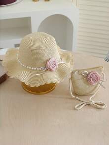 Girls' Straw Hat With Ribbon Flower, Wavy Brim Fashion Sun Hat, Summer Accessory Set - Roses - View 2