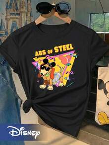 Disney ABS Of STEEL Toy Story Slinky Dog With Fashion Glasses And Mickey Balloon Print Short-Sleeve T-Shirt, Everyday Versatile Fabric, Comfortable Women's Top, Crew Neck Short-Sleeve T-Shirt - màu đen - Xem 1