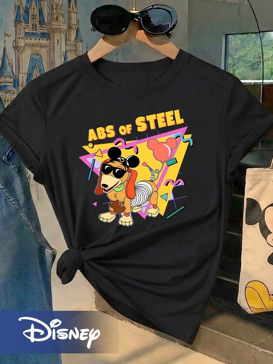 Disney ABS Of STEEL Toy Story Slinky Dog With Fashion Glasses And Mickey Balloon Print Short-Sleeve T-Shirt, Everyday Versatile Fabric, Comfortable Women's Top, Crew Neck Short-Sleeve T-Shirt - màu đen - Xem 1