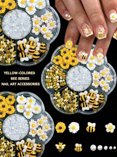 1 Box Of Cartoon Nail Art Decorations, 3D Yellow Honey Jars, Little Bees, White Pearls, Small Daisies, Cute Style, Ideal For Valentine's Day Party Nail Decorations & Accessories, DIY Nail Supplies, Nail Gems