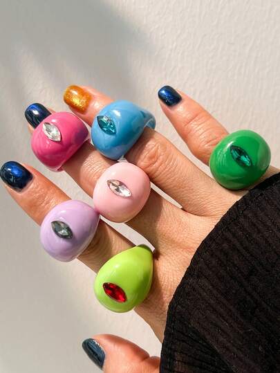 6pcs Dopamine Colored Rhinestone Resin Rings, Niche Design Exaggerated Midi Rings