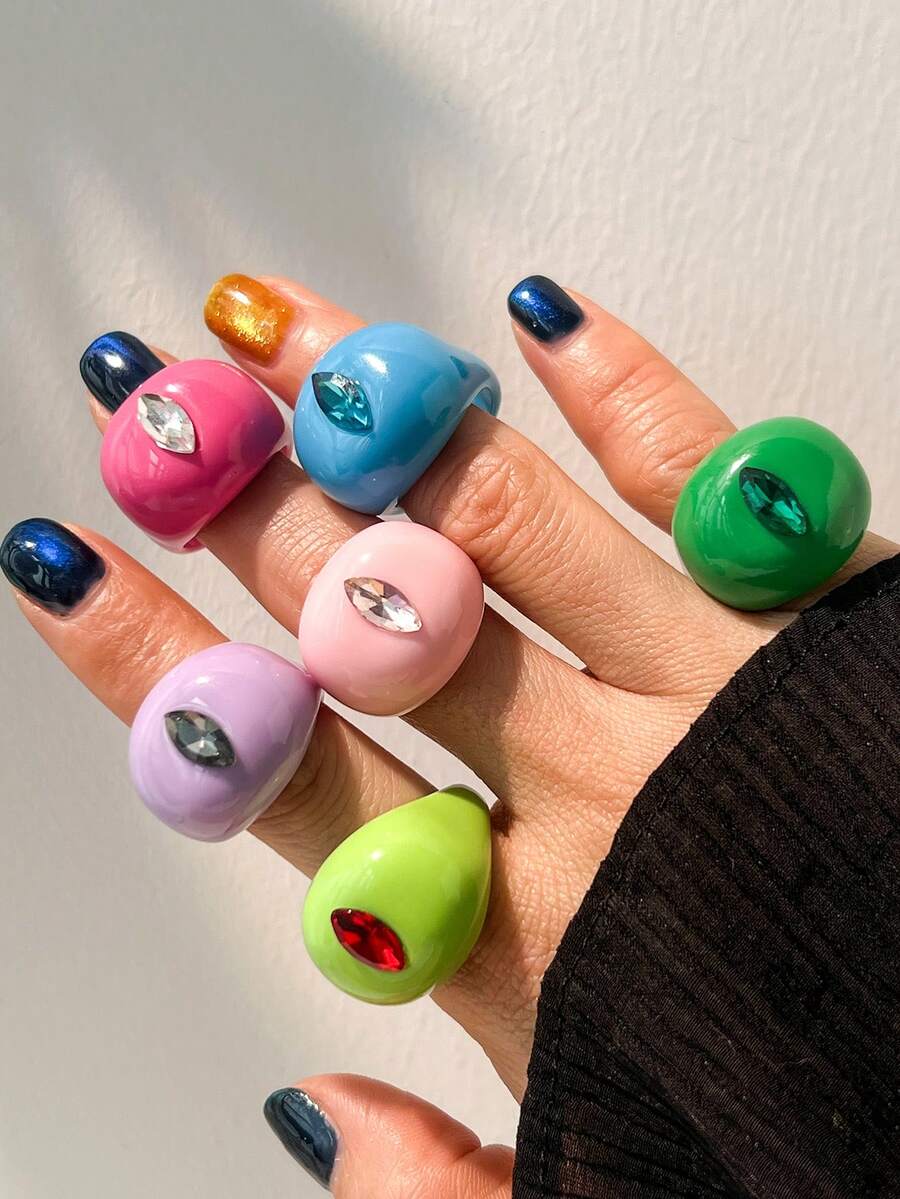 6 piezas Anillos de resina con diamante de imitación de colores de dopamina, anillos midi exagerados de diseño de nicho - Multicolor - Ver 1