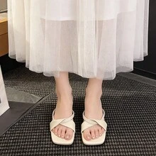 Sandalias de tacón alto para mujeres Sandalias de tacón grueso y punta cuadrada para mujer, para llevar en verano con faldas. Sandalias de tacón medio con tiras cruzadas y plisadas, estilo coreano. Sandalias de punta cuadrada y punta abierta, estilo coreano, para mujer. Sandalias de tacón cuadrado sin talón, estilo hada, para llevar en exteriores, para mujer. - Beis - Ver 11