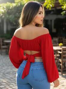 Blusa Crop campesina pecho fruncido con cinta de amarre trasera - Rojo - Ver 2