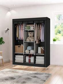 Organizador de ropa de armario portátil Cubierta no tejida con 6 estantes de almacenamiento, 2 secciones colgantes Negro - Negro - Ver 4