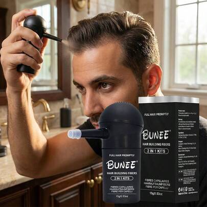 BUNEE 15克多效合一增发纤维粉：自然增加发量，遮盖白发，干湿两用，易于造型。只需撒上并梳理即可快速见效。适合头发稀疏的男士和女士，轻松增厚发量，适合工作、购物及各种场合。