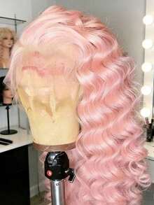 Light Pink Lace Front Wigs Long Synthetic Wigs Afro Kinky Curly For Women Party Transparent Kinky Curly Lace Frontal Wig 13x4 Rose Pink Color Wigs For Women Synthetic Lace Front Heat Resistant - 粉色 - 查看 8