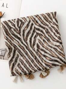 Women's Retro Niche Caramel Tone Zebra Print Scarf, Wild Style Thin Tassel Shawl, Fashion & Personalized - Rust - View 4