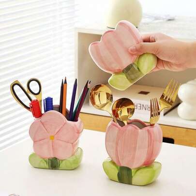 حامل أقلام على شكل زهرة خزفية، منظم مكتبي كبير السعة وجميل، حامل فرش المكياج، رف تخزين القرطاسية، ديكور مبتكر لمكتب الطالب