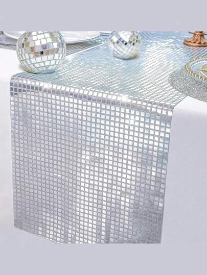 1 chiếc khăn trải bàn lấp lánh kiểu disco, khăn trải bàn trang trí tiệc disco màu bạc ánh gương, khăn trải bàn disco sáng bóng phù hợp cho tiệc sinh nhật, tiệc độc thân theo chủ đề thập niên 70 và 80.