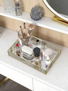 1 Exquisite Transparent Rectangular Glass Jewelry Tray, Nordic Light Luxury Style, Gold Metal Frame, HD Glass Mirror, Multifunctional Storage Box, Large Capacity Display Rack, Suitable For Placing Jewelry, Accessories, Decorations, Fragrances, Glasses, Makeup Brushes, Cosmetics, Lipstick, Perfume, Key Storage - View 3
