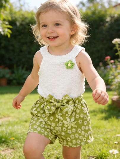 2pcs/Set Cute Baby Girl Outfit, Casual & Fashionable Soft & Comfortable, Floral Jacquard 3D Decor Camisole Top Paired With Bow Accent Simple Shorts Set, Suitable For Toddler Girls' Daily Wear, Vacation, Outdoor Activities
