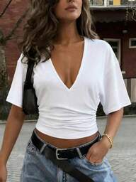 GLOpass Damski letni, swobodny, minimalistyczny, jednolity kolor, głęboki dekolt w serek, luźny, plisowany, dopasowany, krótki top w kolorze białym