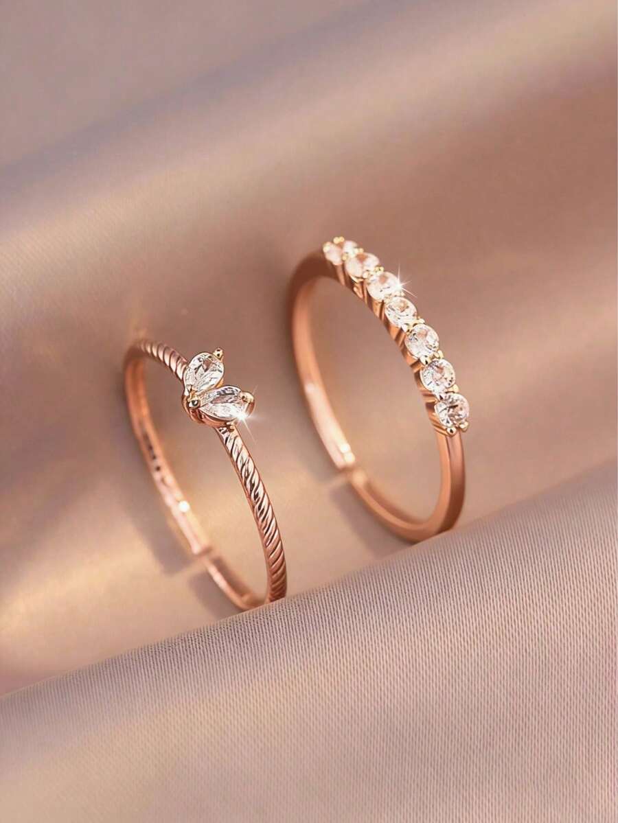 Bộ 2 nhẫn hình trái tim mạ vàng hồng, thiết kế tối giản, cao cấp, thích hợp cho ngày Valentine, đeo hàng ngày và các dịp lễ. - Hoa hồng vàng - Xem 1