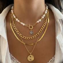 4件套邪眼珍珠叠戴项链套装，适合女性日常、派对和约会佩戴 - 彩色 - 查看 1