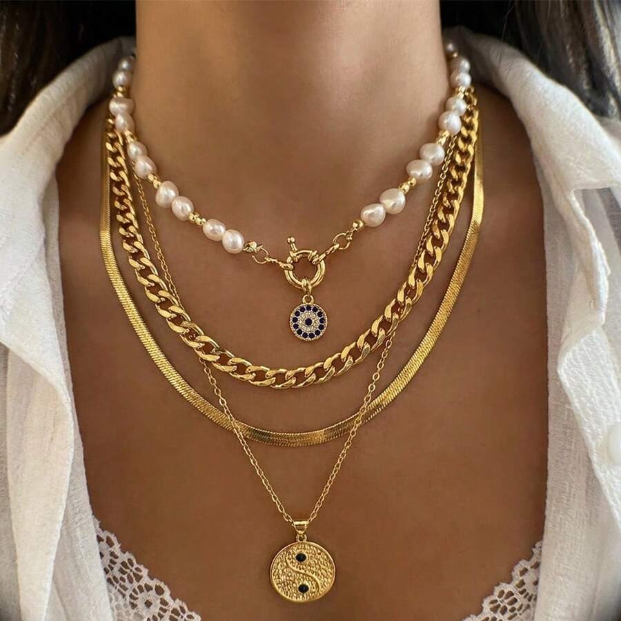 4件套邪眼珍珠叠戴项链套装，适合女性日常、派对和约会佩戴 - 彩色 - 查看 1