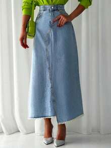 Asymmetric Hem Loose Pockets Patchwork Frayed Hem Casual Denim Midi Skirt Spring - Light Wash - View 5