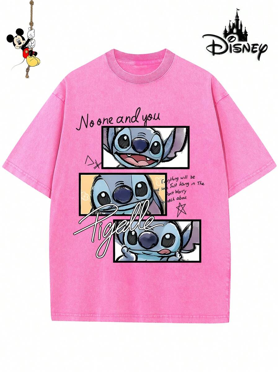 Disney-Licensed Men's Cotton T-Shirt For The 2026 Family Holiday. Featuring A Stitch Motif, Washed Crew Neck, Soft And Comfortable Feel, Easy Care And Suitable For Various Occasions Such As Holidays, Everyday Life And Commuting – Full Of Festive Spirit. - 玫紅色 - 查看 1