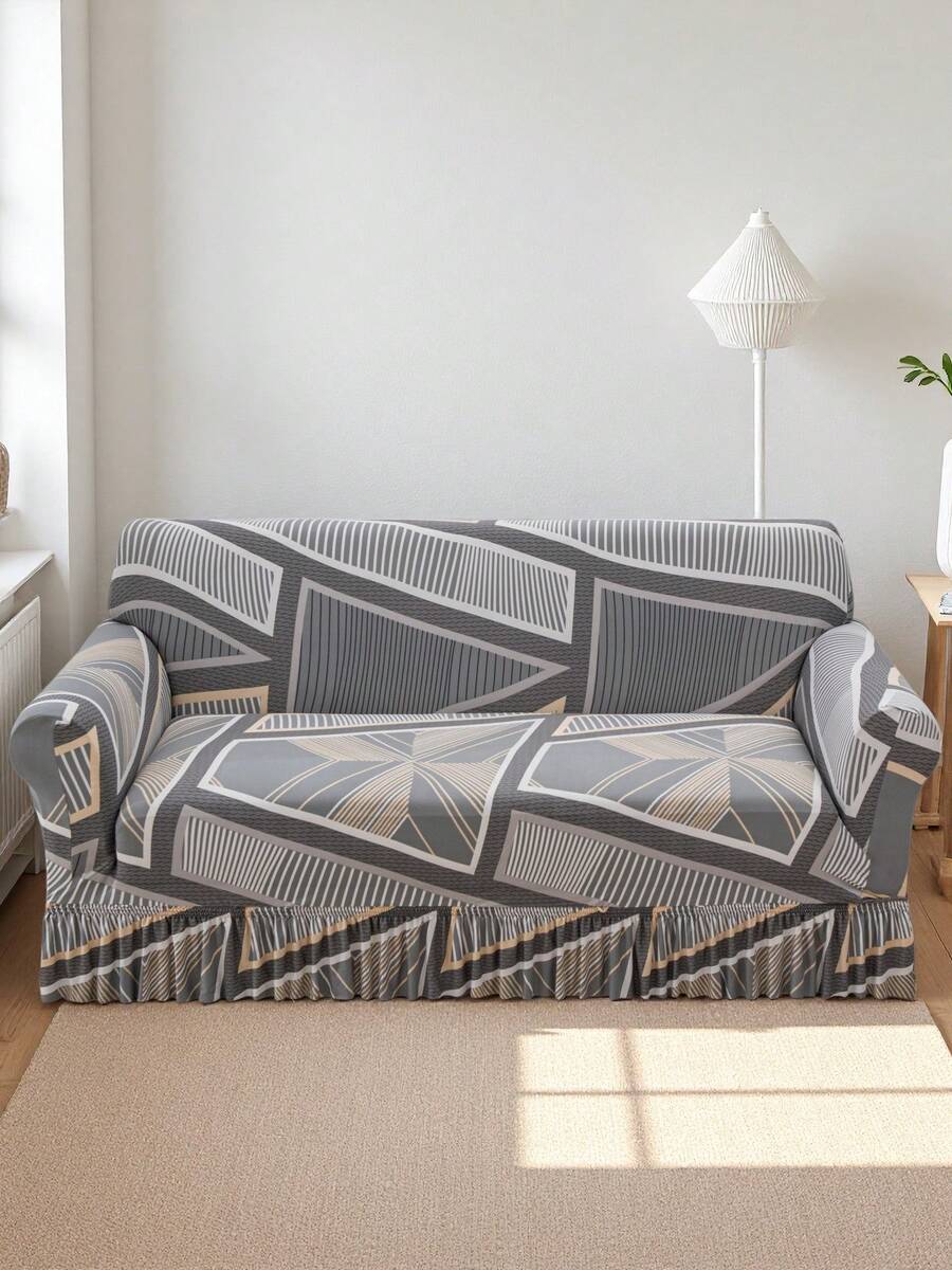 1pc Printed Ruffled Elastic Sofa Cover, Machine Washable, Protects Sofa, Dust & Dirt Resistant, Suitable For All Seasons - Grey - View 1