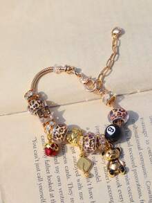 1pc Back To School Leopard Print Bear Charm Bracelet, Street Fashion Star Bracelet, Graduation Doctoral Cap Bracelet, Renaissance Style Bear Bracelet, Dark Skeleton Charm Bracelet - Silver - View 10