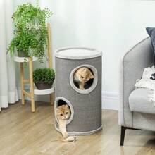 Griffoir en forme de tonneau, 60 cm de haut, Ø 35 cm, à deux étages avec 2 niches, bord en peluche, pour 1 à 2 chats jusqu'à 5 kg, gris clair - Gris pâle - Voir 2