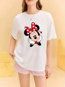 [Sold Separately For Men And Women] Disney Mickey And Minnie Mouse Face-Resting Couple T-Shirts: Women's Version Features A Polka Dot Minnie Mouse With A Bow, While The Men's Version Boasts An Adorable Mickey Mouse Design. Both Styles Feature Sweet H - 女士白色 - 查看 2