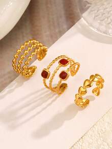 3件套不锈钢18K镀金红色珐琅心形和球形戒指套装，适合女士日常佩戴 - 彩色 - 查看 3