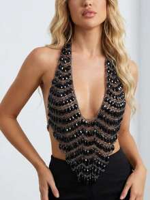 1pc Black Y2K Style Sexy Body Chain, Handmade Faux Pearl Accessory For Nightclub, Party And Gathering, Also A Great Gift For Women - Transparent White - View 10