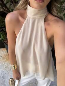 Solid Color Asymmetric Asymmetrical Knot Vacation Cold Shoulder Top Summer - Apricot - View 2