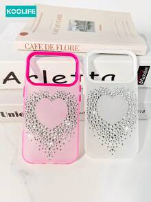 Heart 1pc Colorful Patchwork Phone Case, Heart-Shaped Rhinestone Decor, PC+TPU Material, Semi-Transparent Matte Surface, Anti-Drop Phone Case, Compatible With Iphone 17/17 Pro/17 Pro Max - Hot Pink - View 9