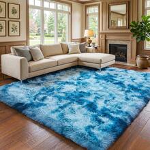 Trendcylala Soft Modern Indoor Large Shaggy Area Rug, Plush, Non-Slip, Not Easy To Shed Hair, Home Decorative, Suitable For Bedroom, Living Room, Dining Room, Dorm, Accent Floor Carpet ,Room Decor, Tie-Dye Peacock Blue - 紮染孔雀藍 - 查看 4