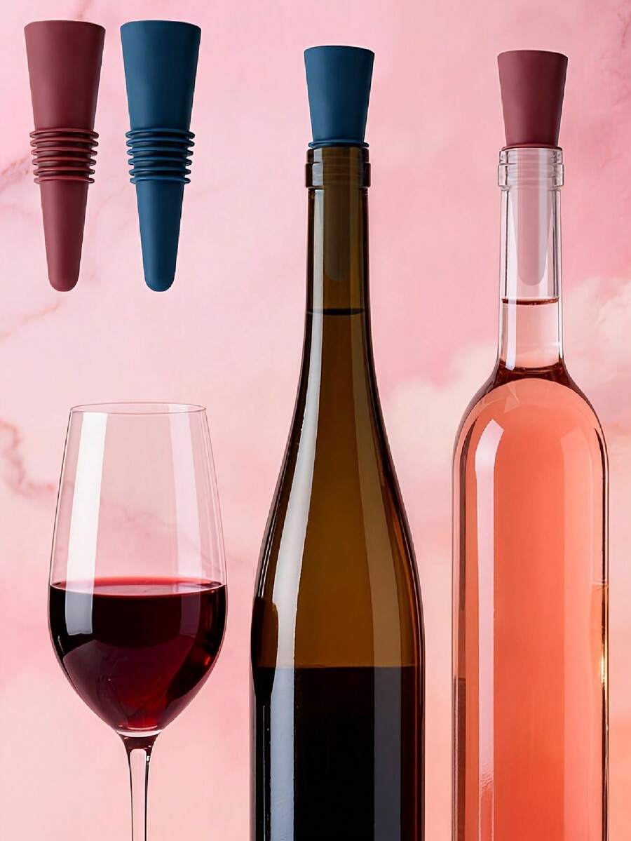 2个装葡萄酒瓶塞，柔软硅胶材质，带防滑盖，用于保持葡萄酒和香槟的新鲜度 - 彩色 - 查看 1