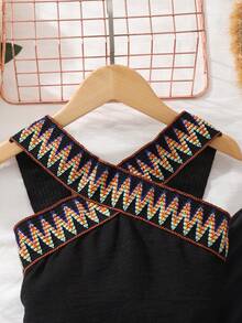 2pcs/Set Girls Casual Criss-Cross Strap Tank Top And Ditsy Floral Straight Leg Pants, Summer - Black - View 5