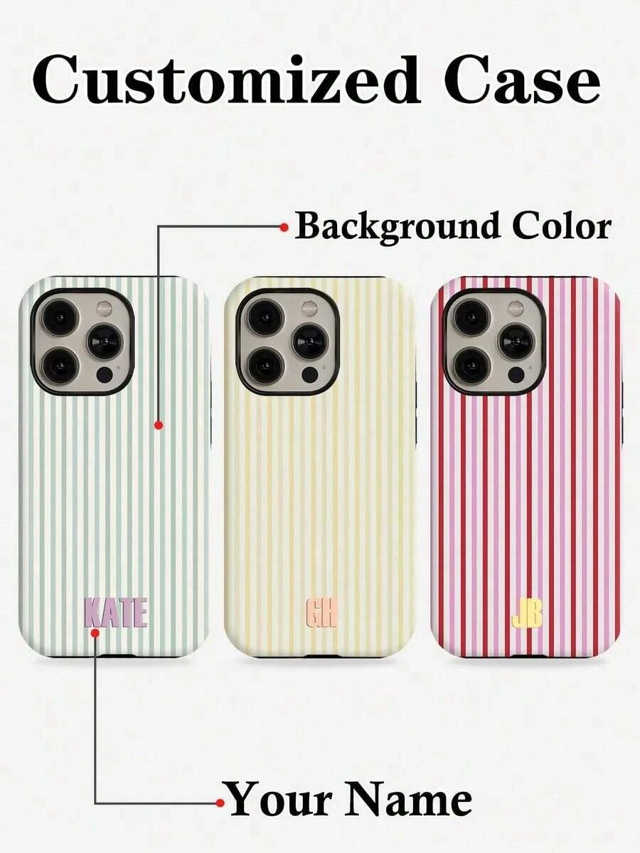 1pc Customized Minimalist Patchwork Striped Letter Name Color 2-In-1 Glossy Protective Hard Phone Case Cover Compatible With IPhone 11/12/13/14/15/16 17 Pro Max - Nhiều màu - Xem 1