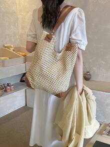 Large Capacity Straw Tote Bag, Fashionable Vacation Travel Shoulder Handbag - Multicolor - View 4